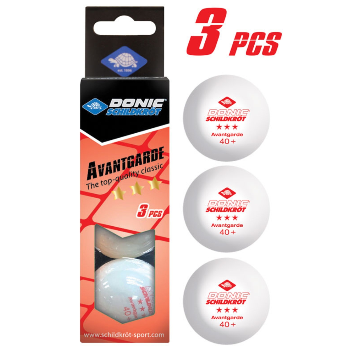 Donic-Schildkröt Tischtennisball 3-Stern Avantgarde, Poly 40+ Qualität, 3 Stk. im Karton, Weiß Art. 608334