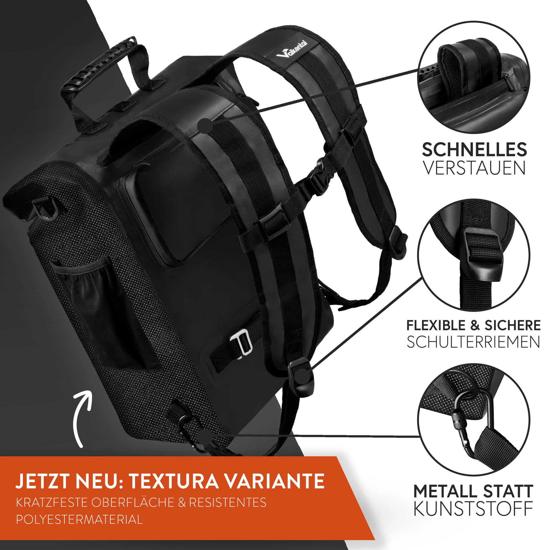 Valkental Packtasche ValkOne 3in1  Einzeltasche mit Rucksackfunktion Black Textura 18L- 25L Art. dv-vsl6-500s