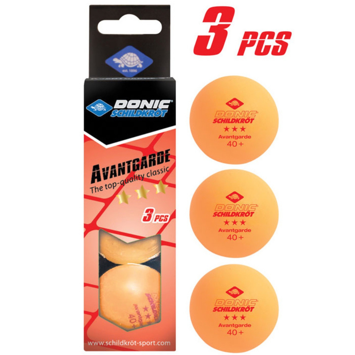 Donic-Schildkröt Tischtennisball 3-Stern Avantgarde, Poly 40+ Qualität, 3 Stk. im Karton, Orange Art. 608338